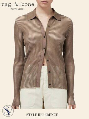 rag & bone Dorit Ribbed Button-Front Top Light Brown Merino Wool Size M
